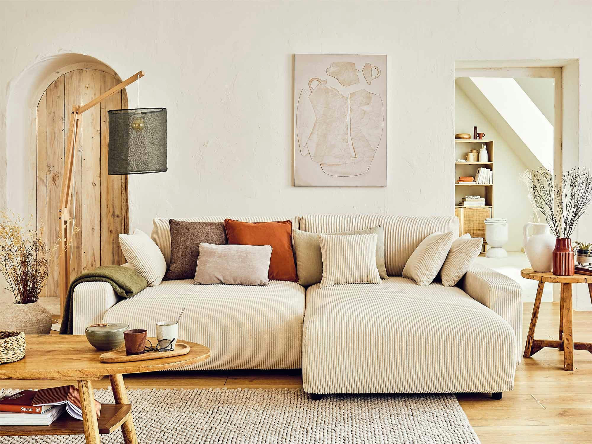 PIVOINE - Canapé d'angle réversible convertible 4 places en velours côtelé beige