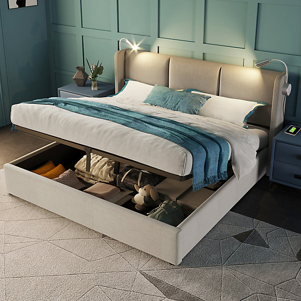 Lit Coffre 140 x 200 Cm - Lit Double avec Lampe de Lecture et Charge USB - Bois Massif et Lin - Sans Matelas - Beige