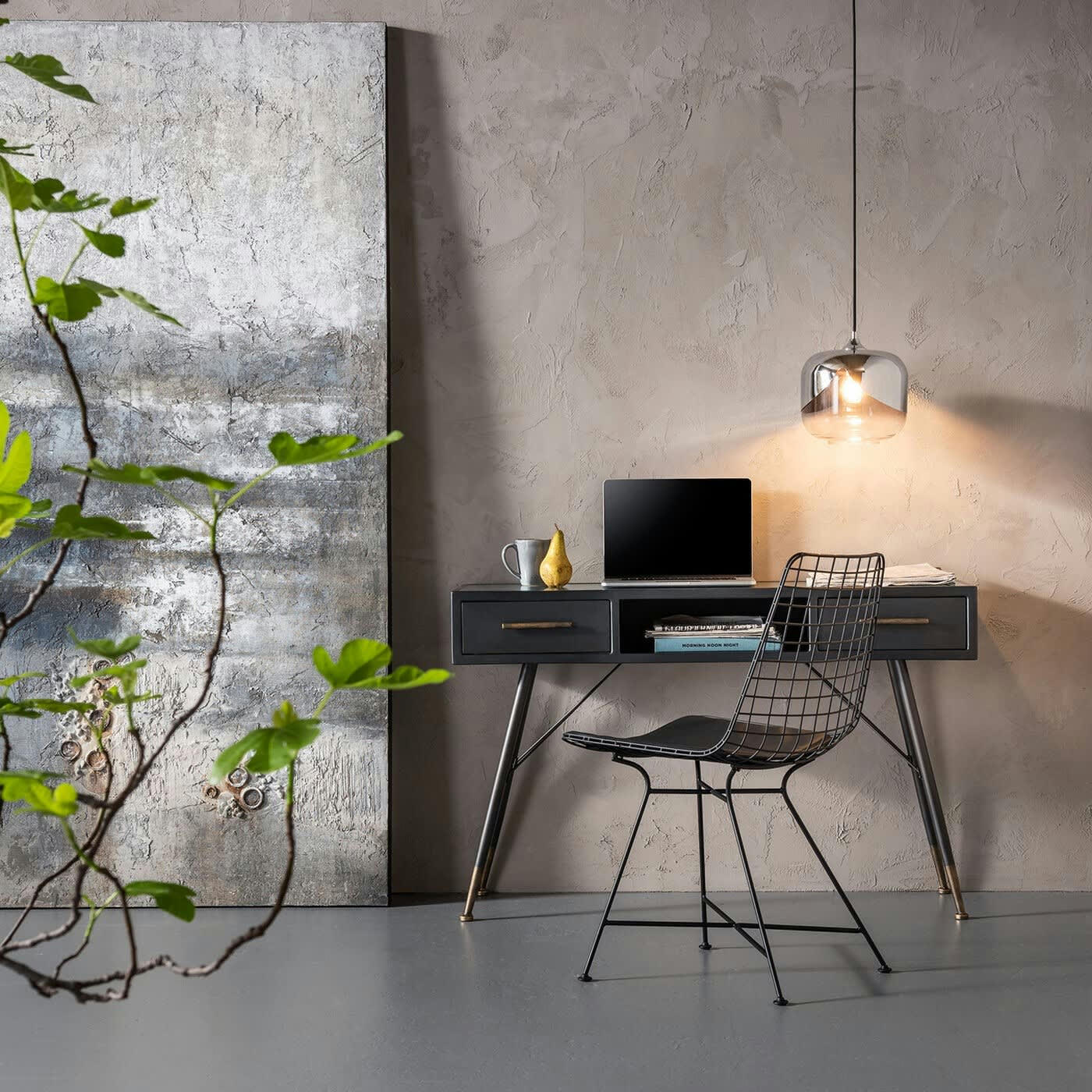 LA GOMERA - Bureau industriel 2 tiroirs en acier et verre