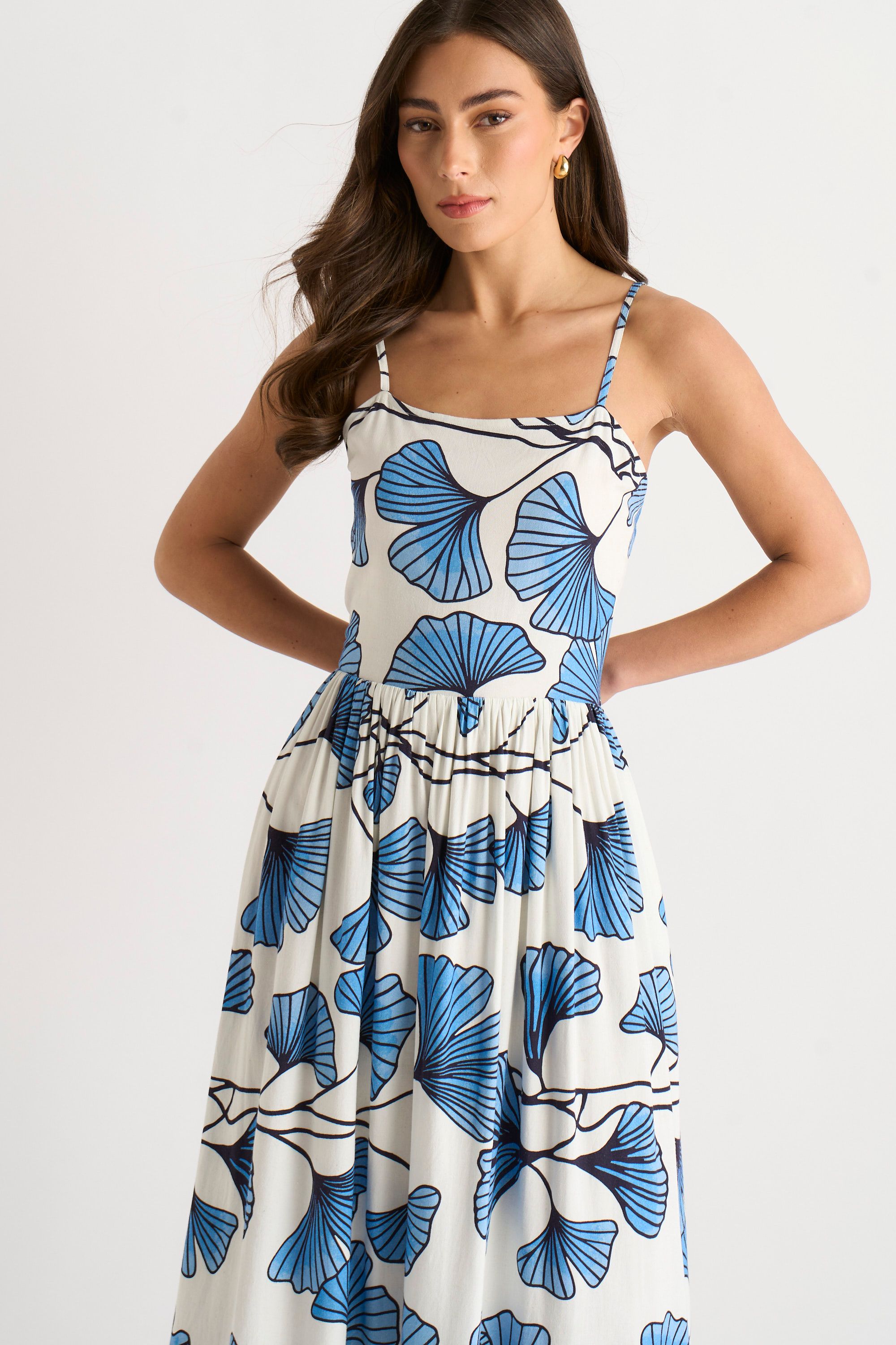 Gini London Blue Floral Linen Mix Cami Dress