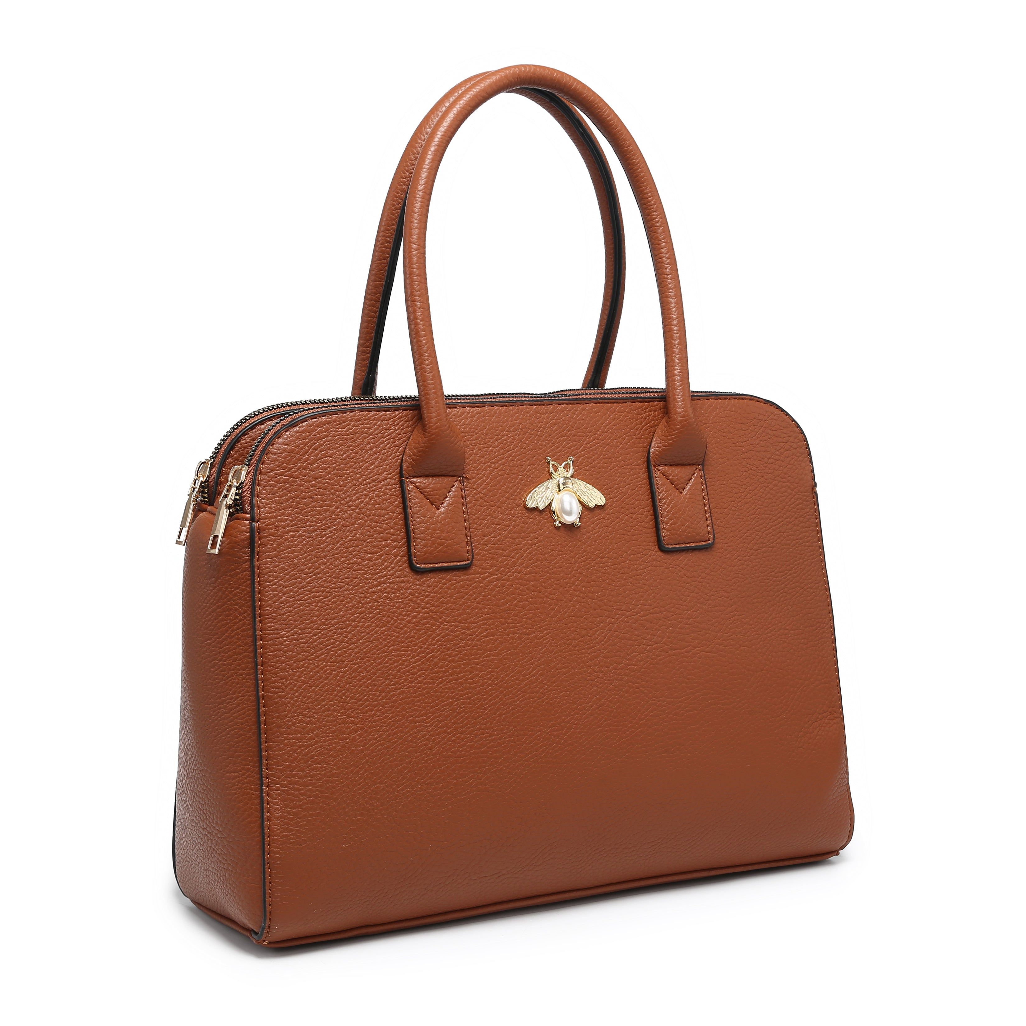 JFY Bee Badge Triple Top Zipped Compartments Tote Bag