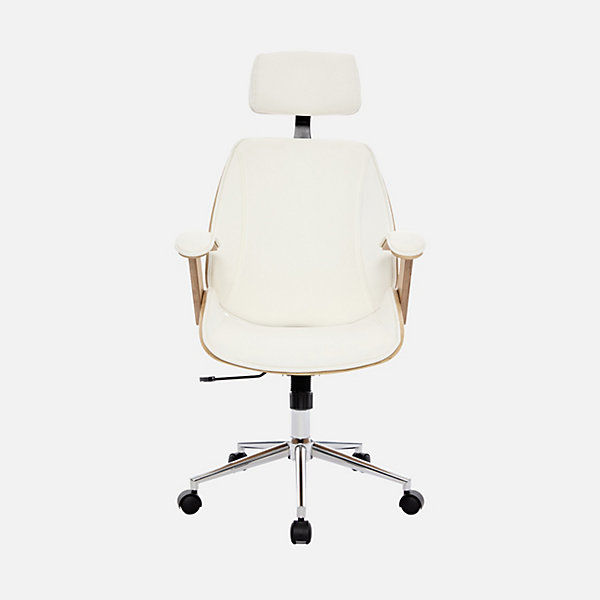 Chaise de bureau à roulettes décor bois courbé placage effet chêne et simili cuir blanc