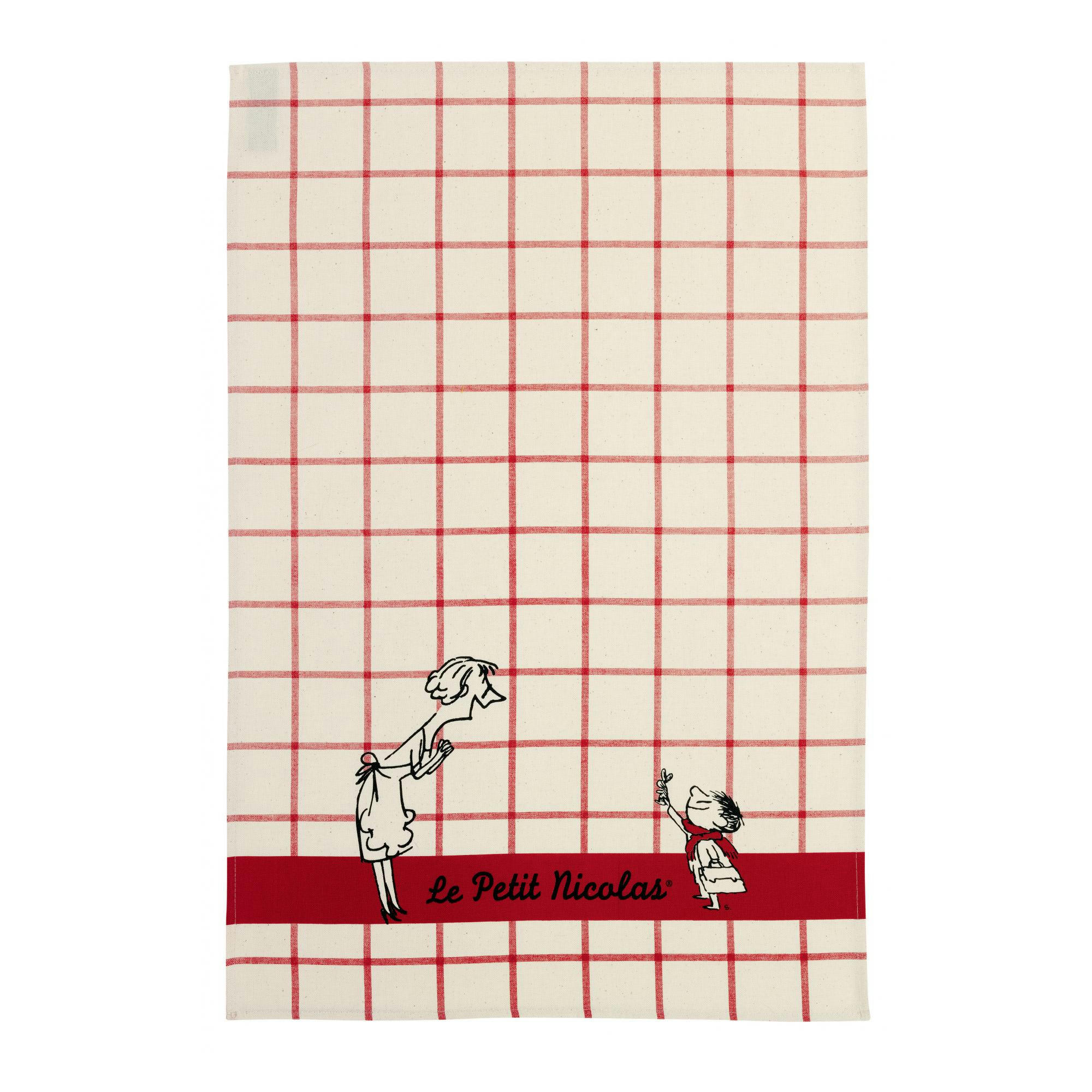LE PETIT NICOLAS - Torchon le petit nicolas carreaux en coton ecru 48 x 72