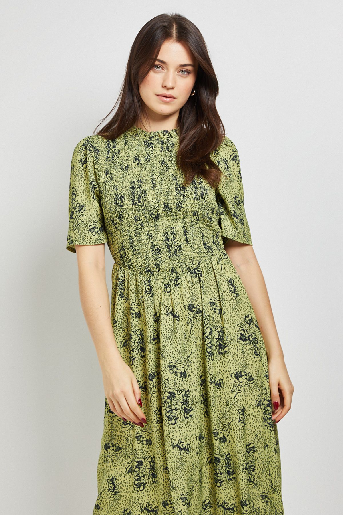 Dorothy Perkins Green Floral Shirred Bodice Drop Waist Midi Dress