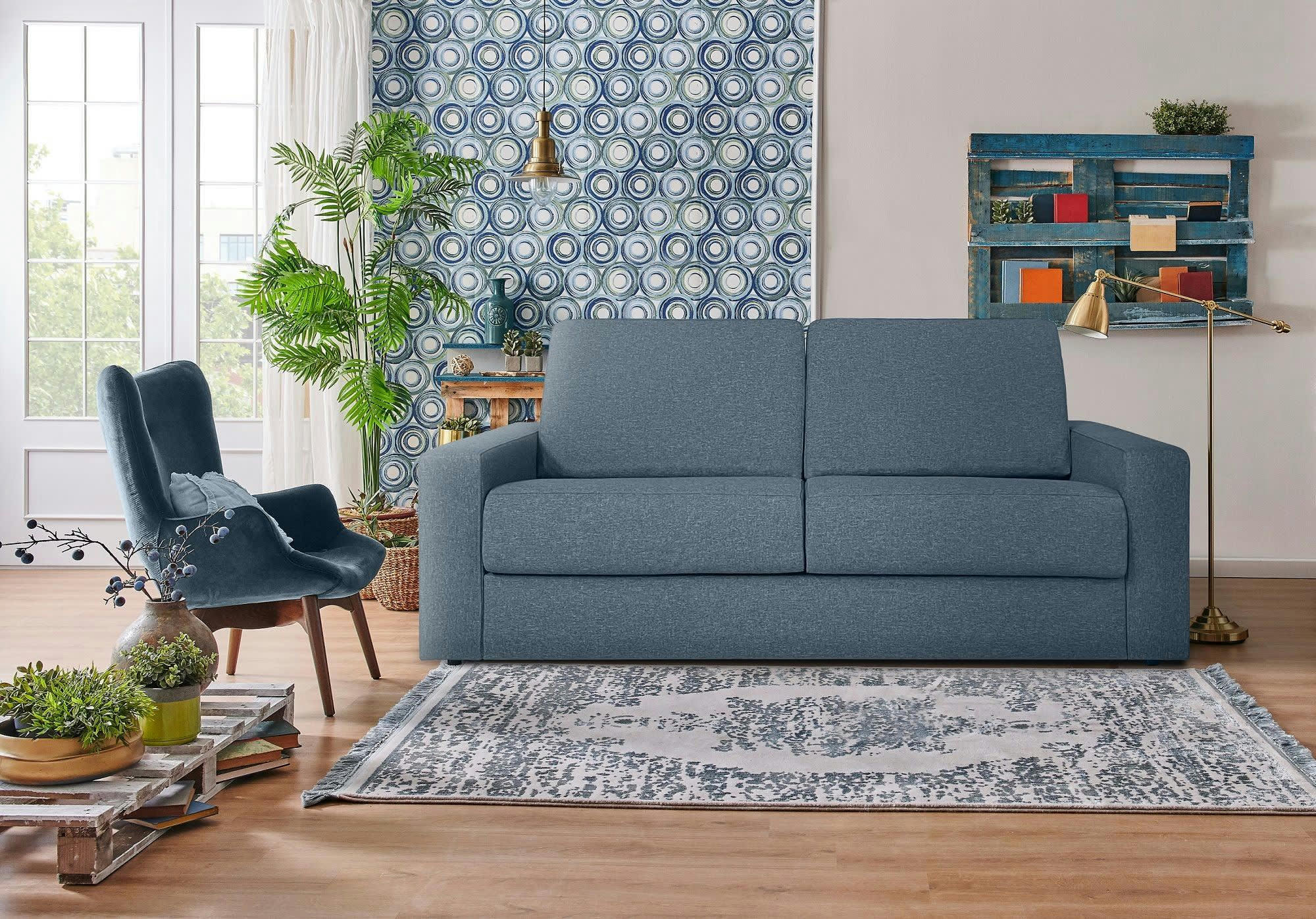 VIGGO - Canapé convertible 3 places  en tissu bleu