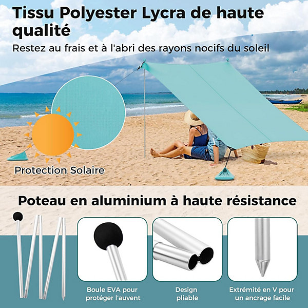 Auvent de Plage Tente de Plage Sacs de Sable 2 Poteaux en Alu Piquets de Sol Sac de Transport Vert
