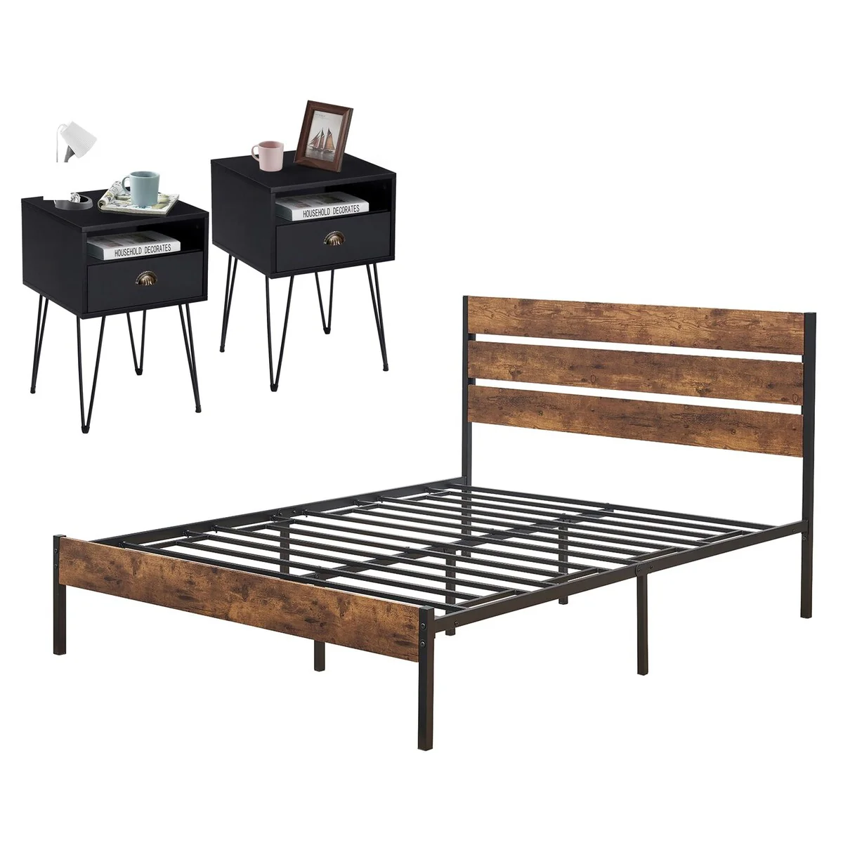 3-Pieces Bedroom Set with Rustic Brown Platform Bed Frame and Nightstands Set of 2