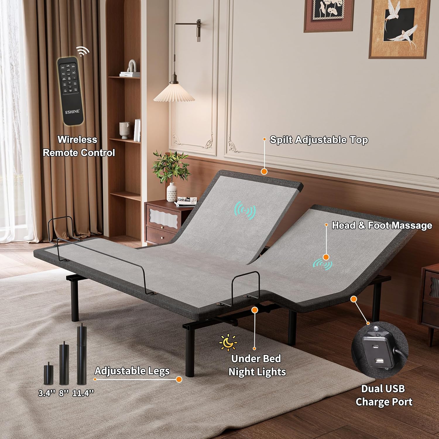 ESHINE Split Top King Adjustable Bed Frame with 14 Gel Memory Foam Mattress, Graphene Cover - Electric Upholstered Base, Massage Function, Wireless Remote, USB Ports, Under Bed Light, Grey