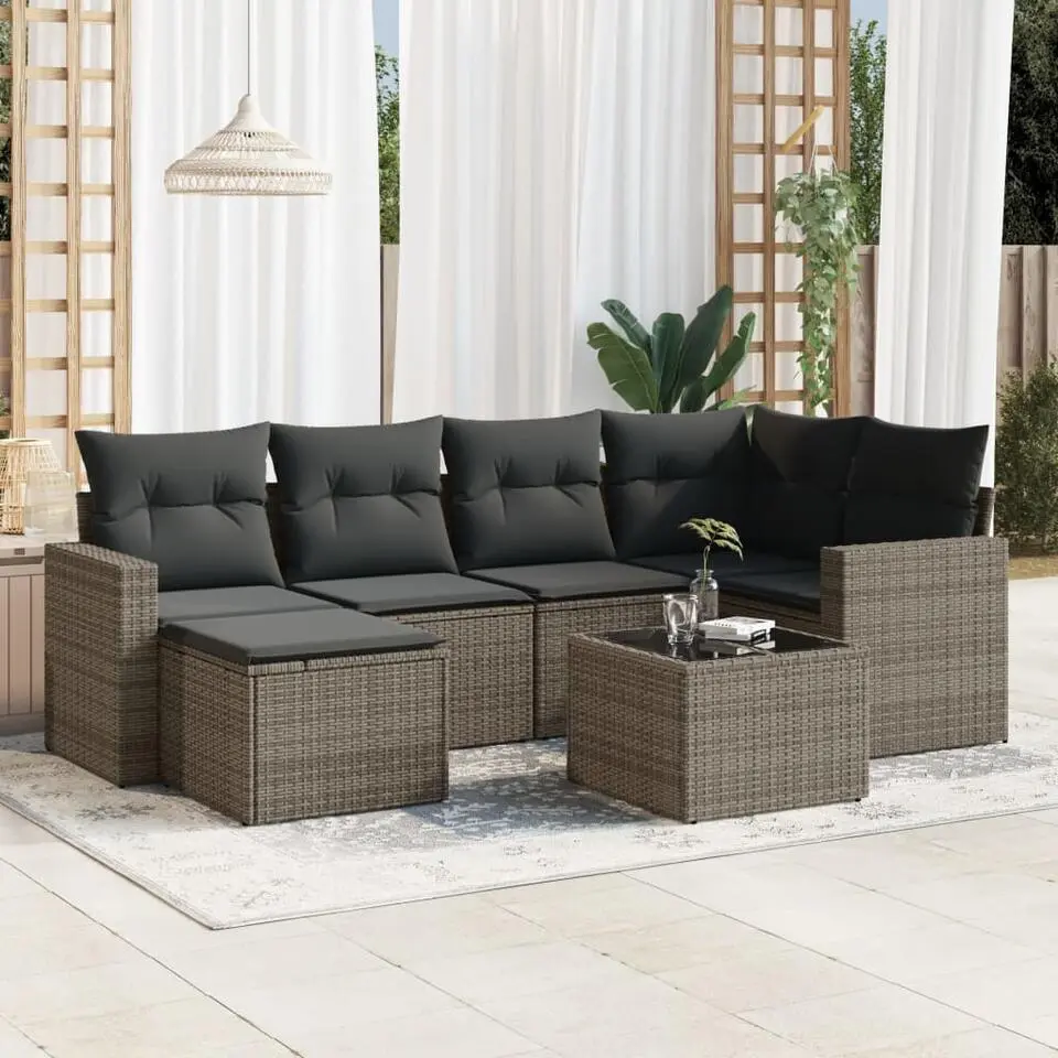 vidaXL 7-delige Loungeset met 6 kussens en tuintafel - Grijs - Poly Rattan