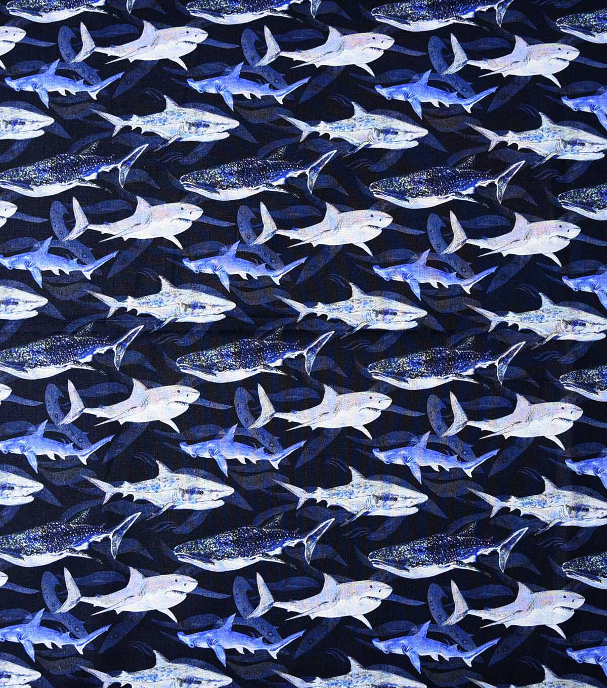 Sharks On Navy Novelty Print Fabric