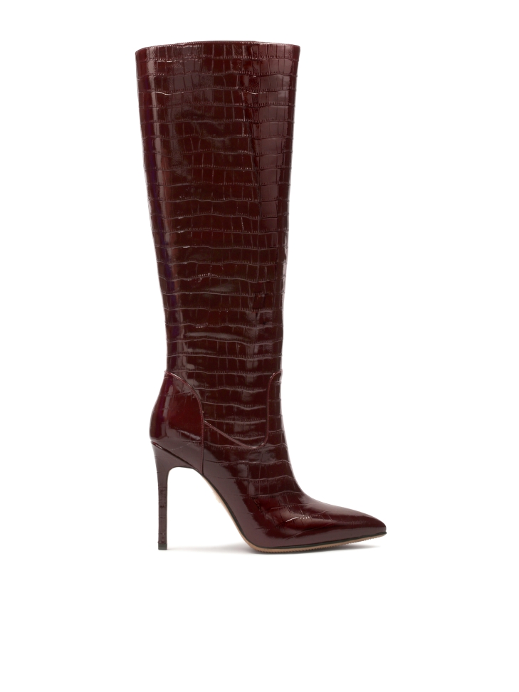 Maroon embossed leather boots