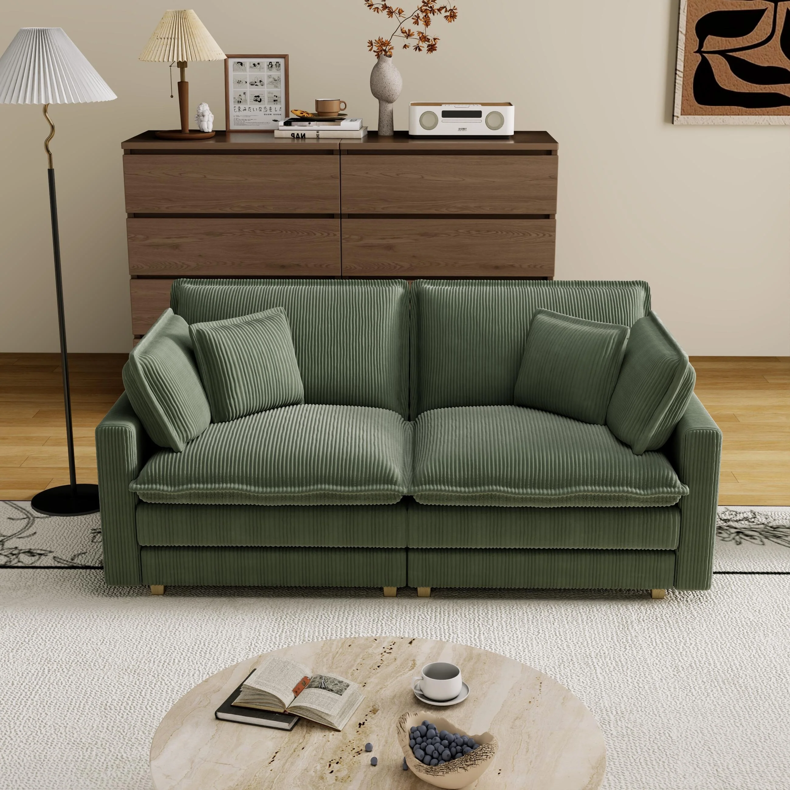 Modern Deep Seat Sofa with Corduroy Cushion and Removable Ottoman and 4 Pillow for Living Room or Guest Room