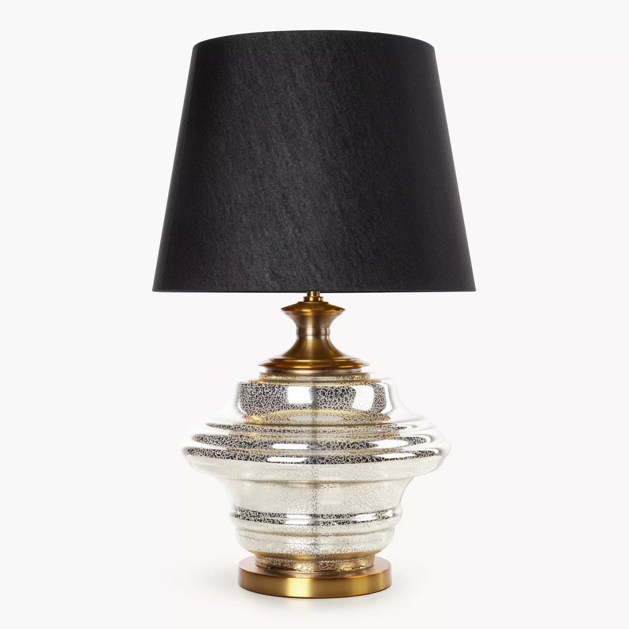 Lampa stołowa do salonu czarno, złota AMARI zdobiona szklaną podstawą i lekko szenilowym abażurem