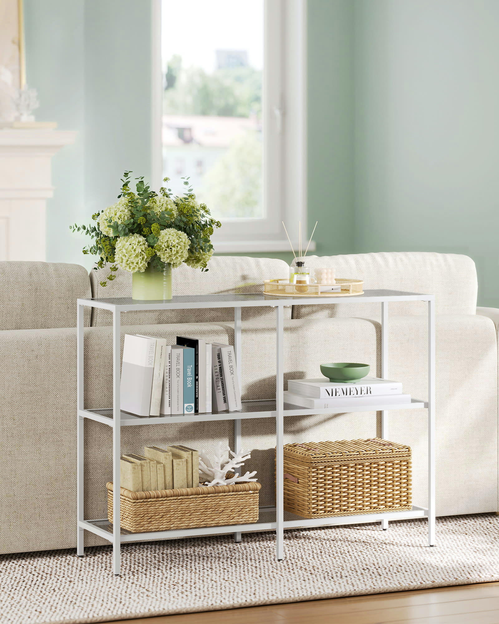 - Table console style moderne verre acier gris blanc