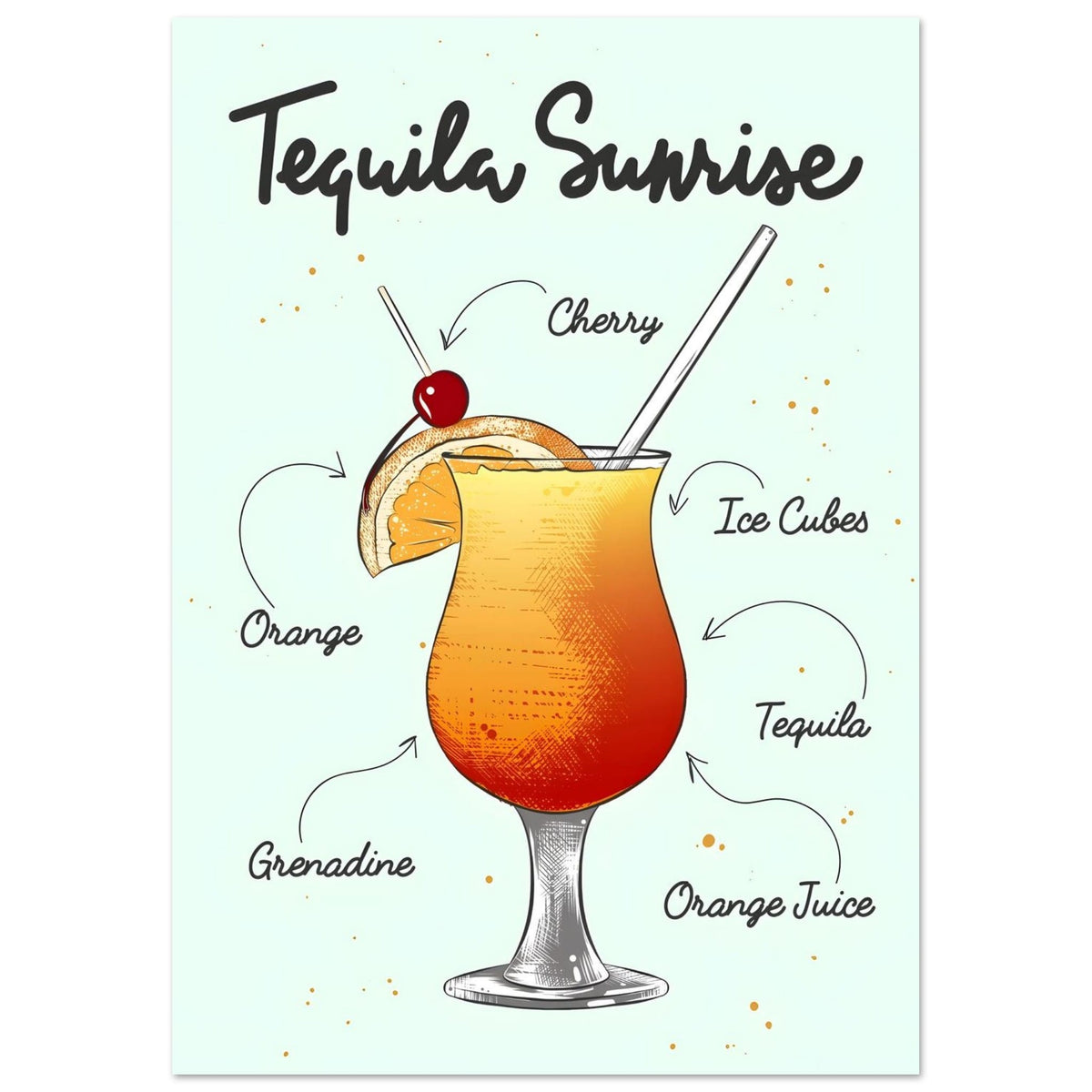 Artfulprints Tequila Sunrise cocktail – Illustratie  poster A4 21x29.7 cm
