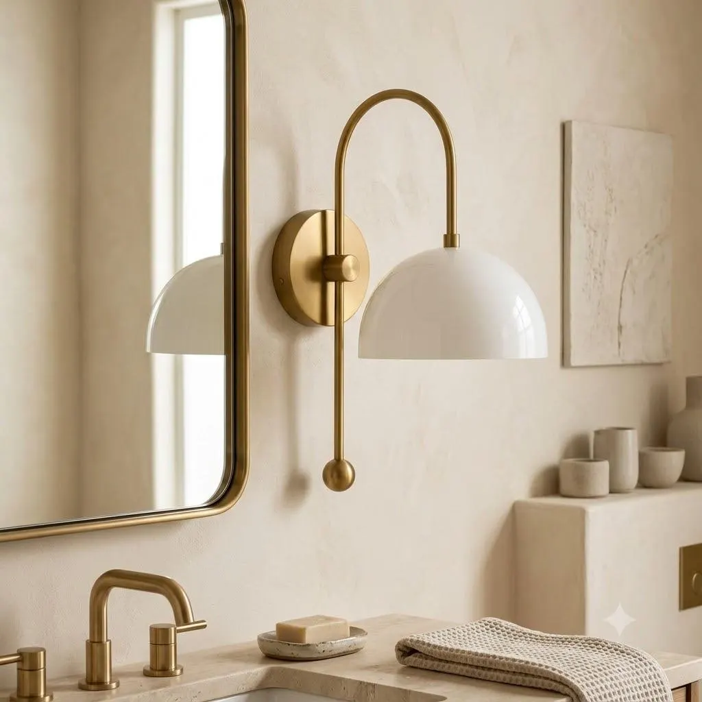 Modern Brass Wall Sconce, White Dome Shade, Mid Century Wall Light, Brass Bedroom Lamp, Bathroom Vanity Sconce, Bedside Wall Lighting