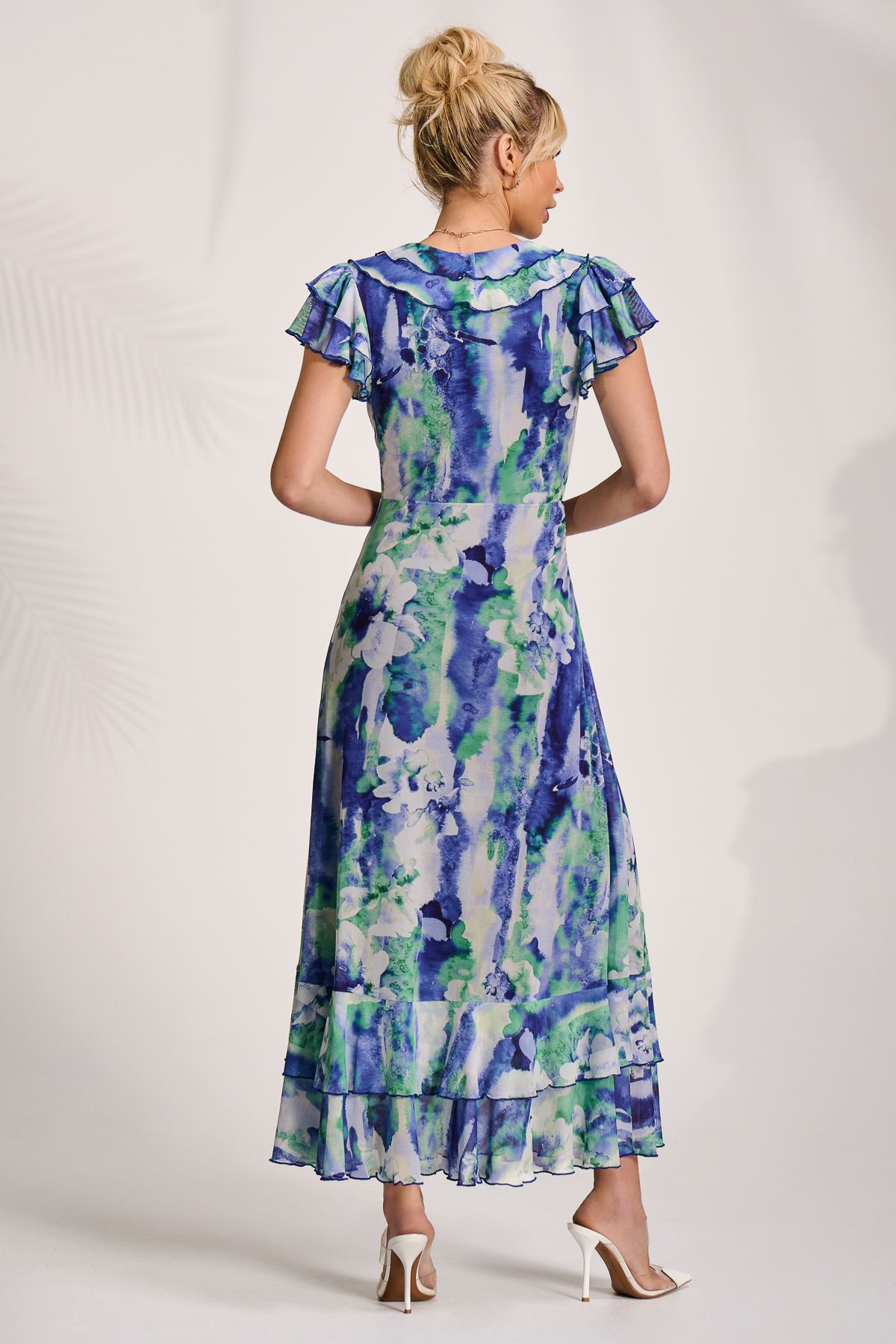 Jolie Moi Ruffle V-Neck Mesh Maxi Dress