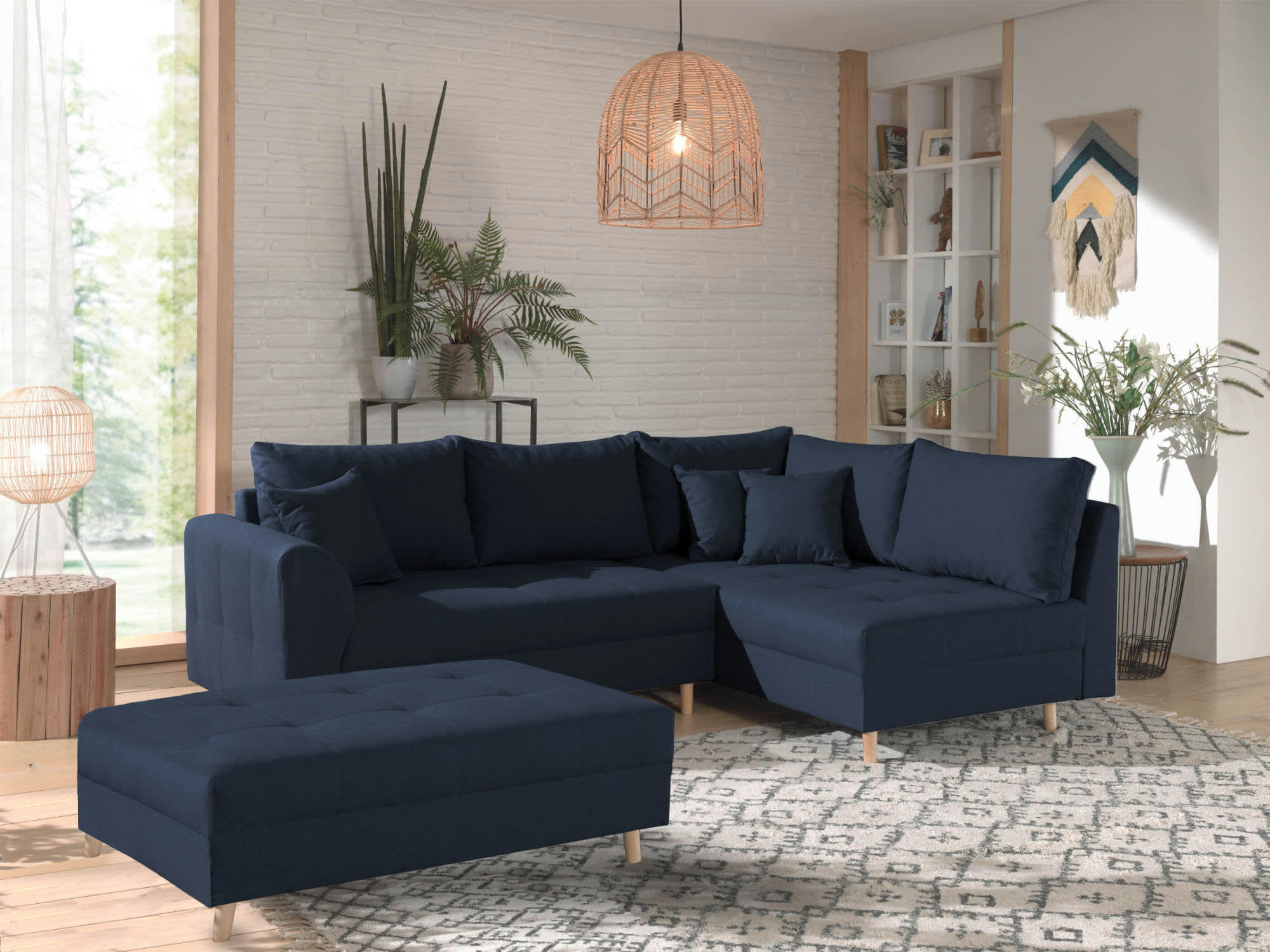 RUNE - Canapé d'angle droit convertible 4 places en tissu bleu pétrole