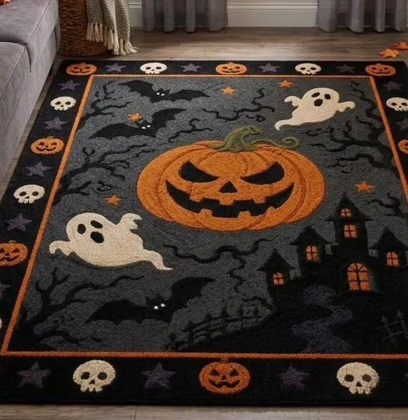 Hand Tufted Halloween Area Rug, Pumpkin Ghost Bat Haunted House Design (Custom Sizes)