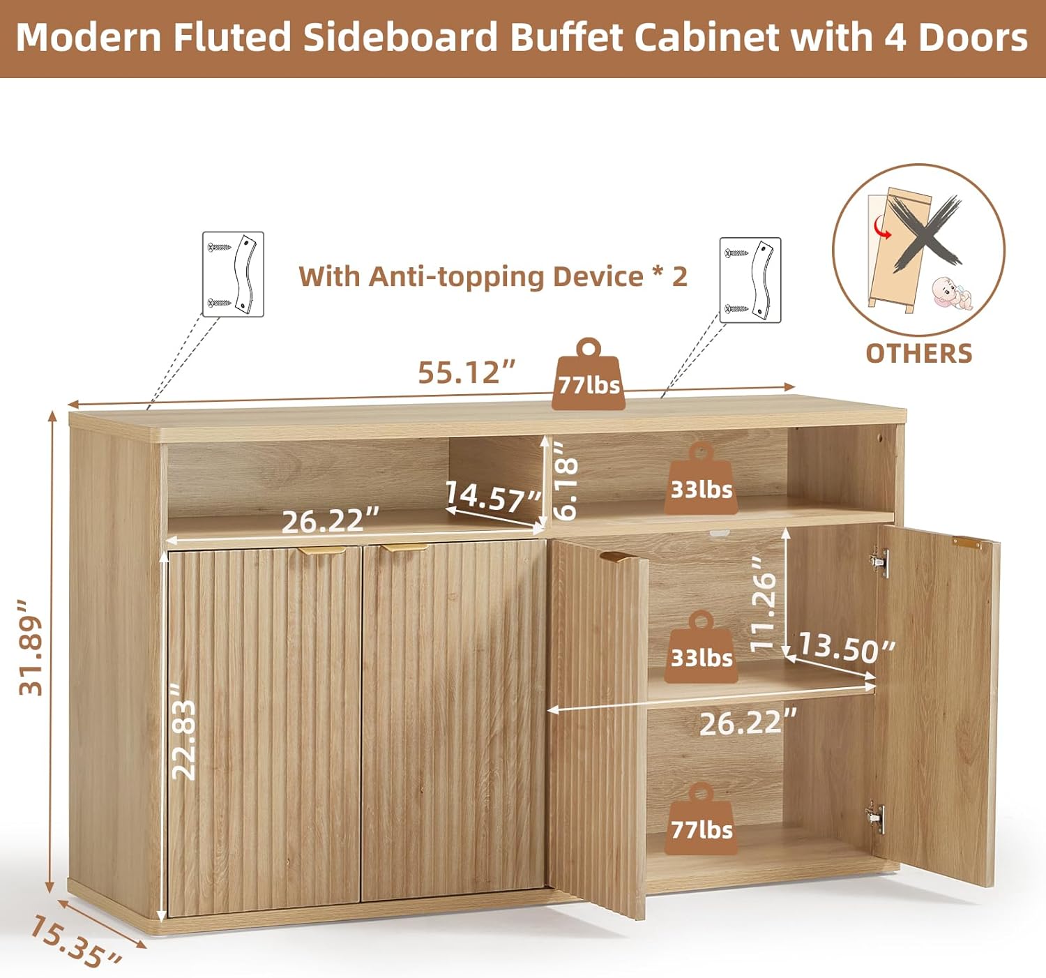 LEYAOYAO Fluted Buffet Cabinet with Storage, 55 Wide Wood Sideboard Credenza with 4 Doors & Open Storage Shelf, Kitchen Entryway Accent Table, Modern Console Cabinets for Dining Room, Natural Oak