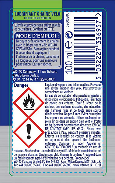 Lubrifiant chaîne de vélo conditions secs WD40 100 ml