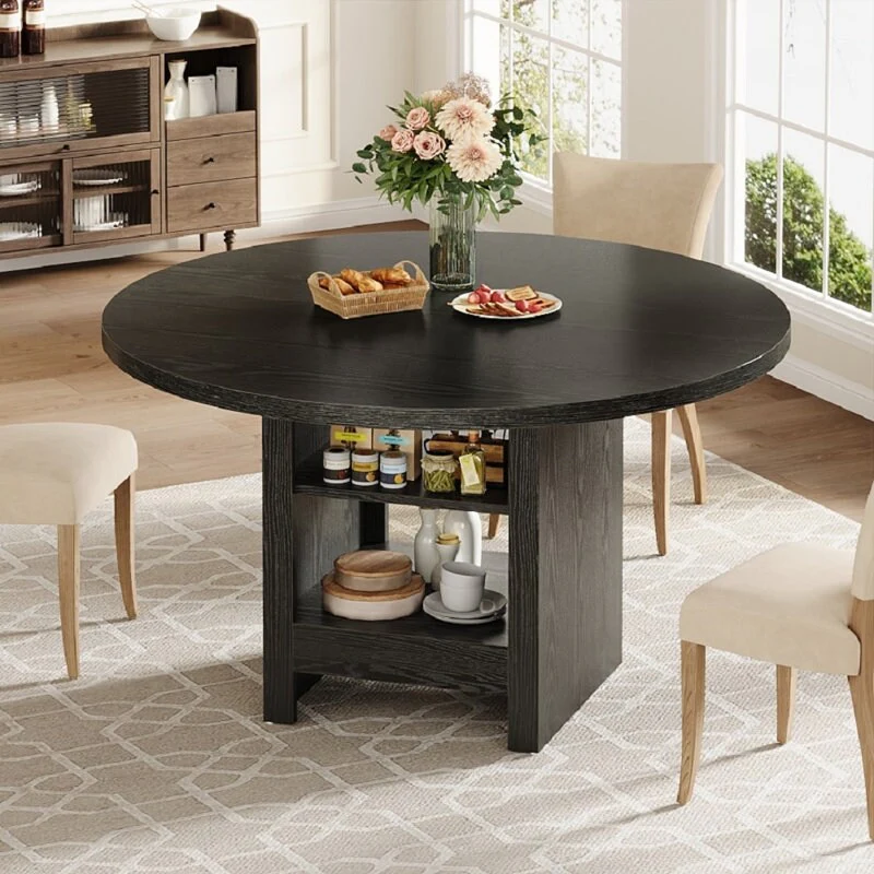 47'' Black Round Dining Table Kitchen Table with 2 Tier Storage Shelf