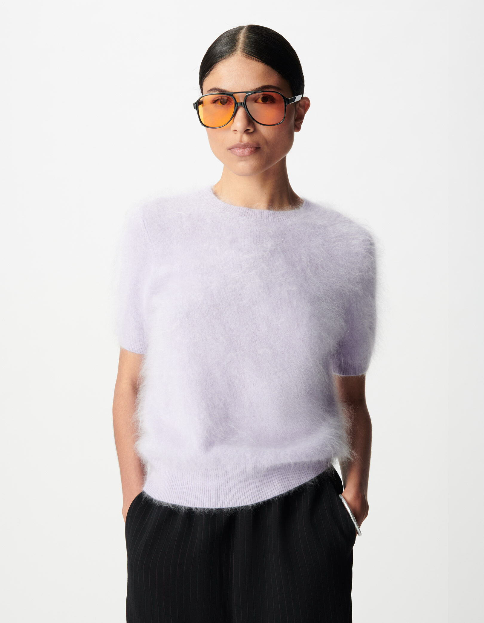 Pull col rond lilas tricot cachemire brossé Femme