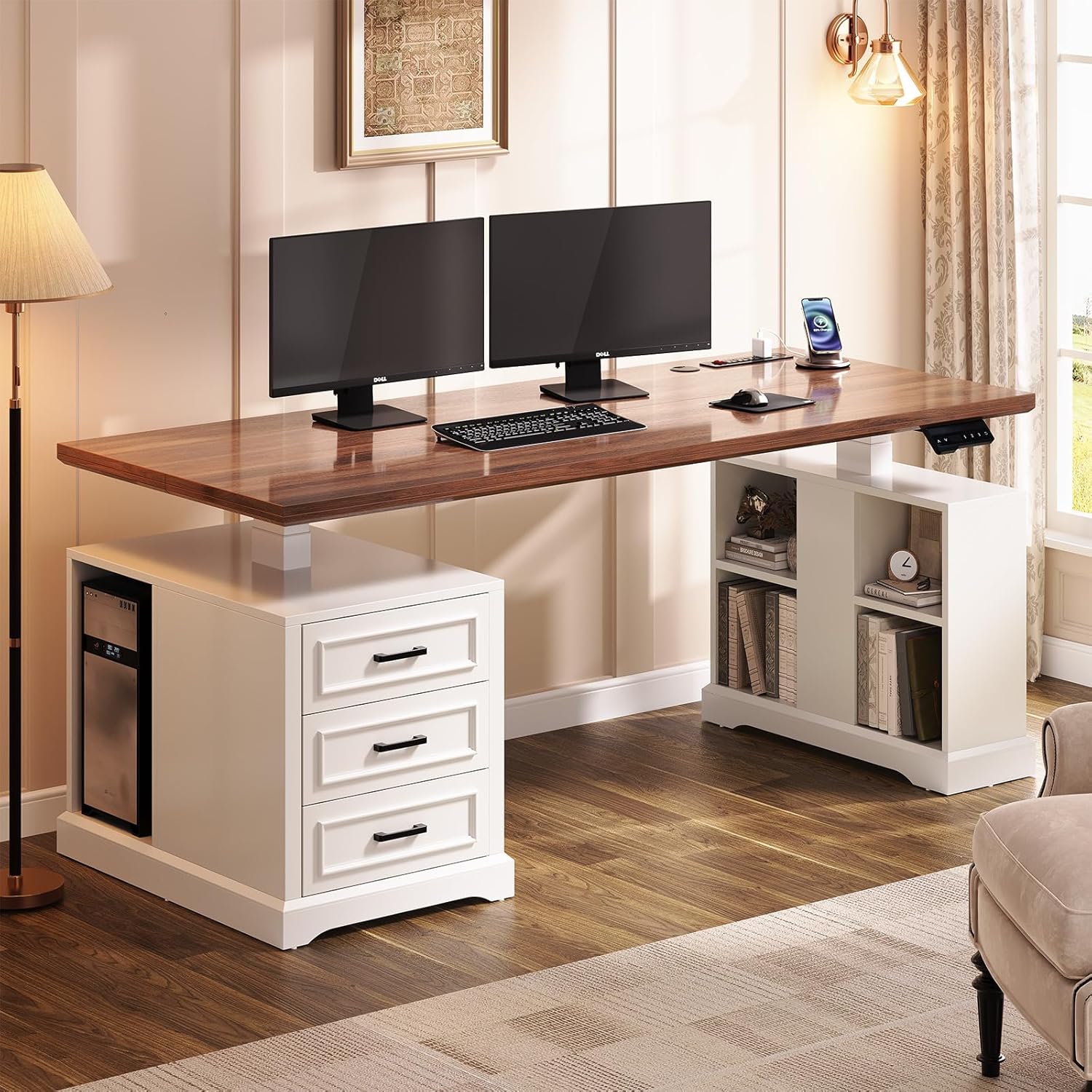 SEDETA Farmhouse Electric Standing Desk, 63 Height Adjustable Computer Desk with 3 Drawers, Storage Shelves, Power Outlets, Wood Home Office Stand up Desk for Work, Study, Writing, White