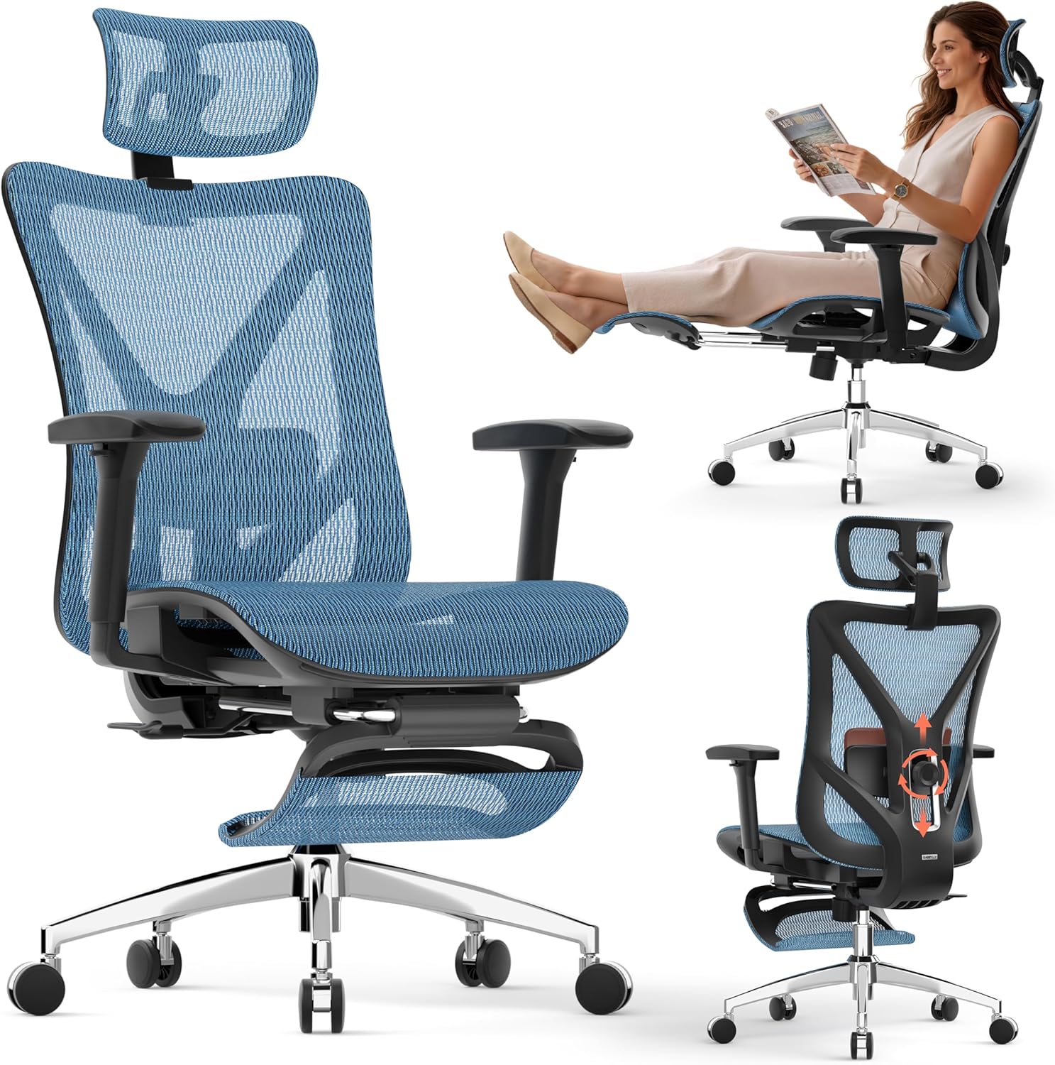 GABRYLLY Ergonomic Office Chair - 135° Reclining Desk Chair with Adjustable Lumbar Support, 3D Armrest, Large Headrest & Heavy Duty Steel Base, 300LBS Mesh Task Chair, Navy Blue