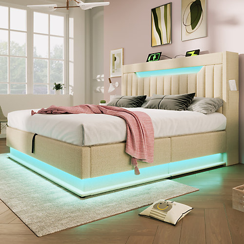 Lit coffre capitonné 180x200cm avec LED - ports USB et Type-C - tissu en Lin - tête de lit avec espace de rangement - Beige