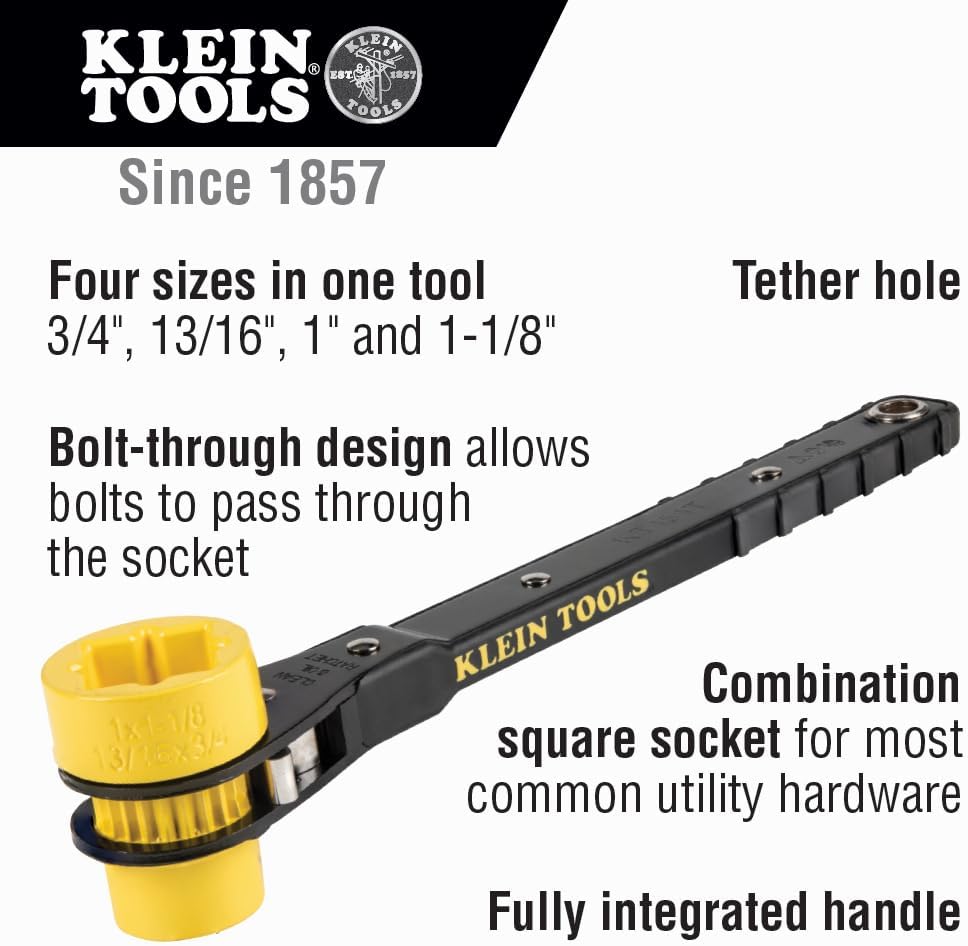 Klein Tools KT151T Lineman's Ratcheting Wrench with Bolt-Through Design, 3/4-Inch, 13/16-Inch, 1-Inch x 1-1/8-Inch Combination Square Socket
