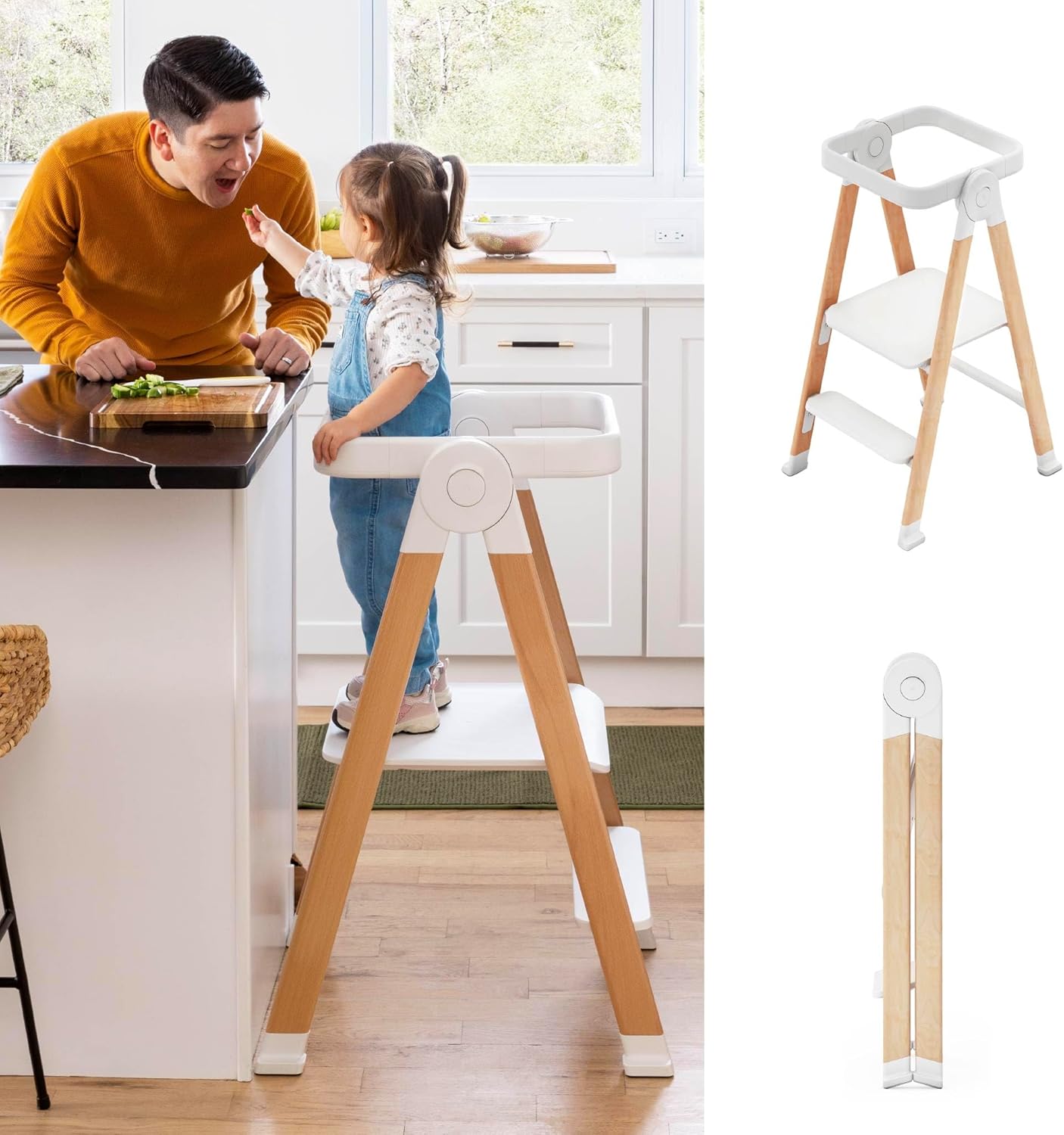 Guidecraft Kitchen Helper Flex Toddler Tower Step Stool for Kids and Adults - White: Adjustable and Foldable Wood Step Stool