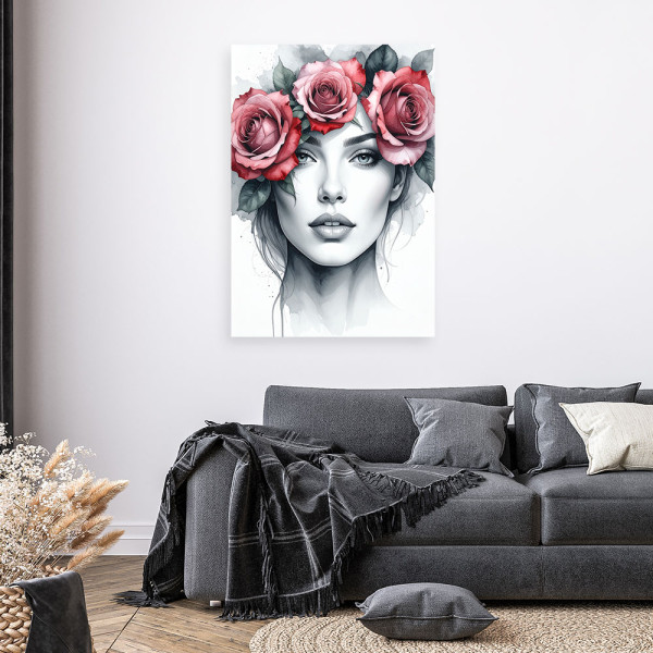 Obraz do salonu sypialni, Portret Kobieta z kwiatami róży na głowie 20x30