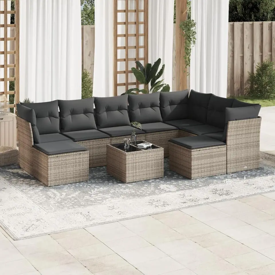 vidaXL Loungeset met kussens en tuintafel - Grijs - Poly Rattan - 10 stuks