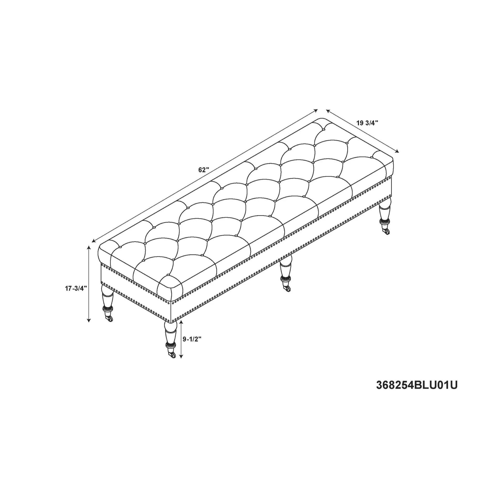 Upholstered Bench with Wheels - 62 - Brown