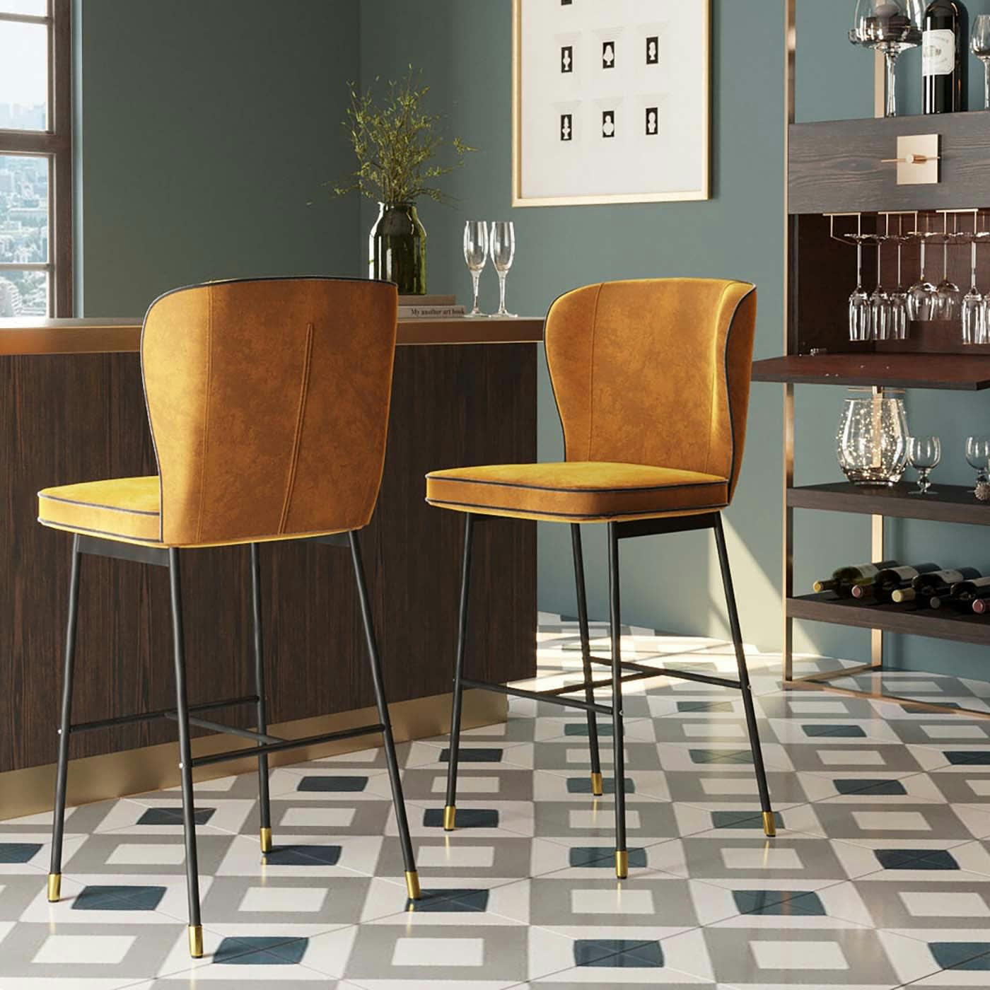 IRINA - Tabouret de bar en velours ocre et acier