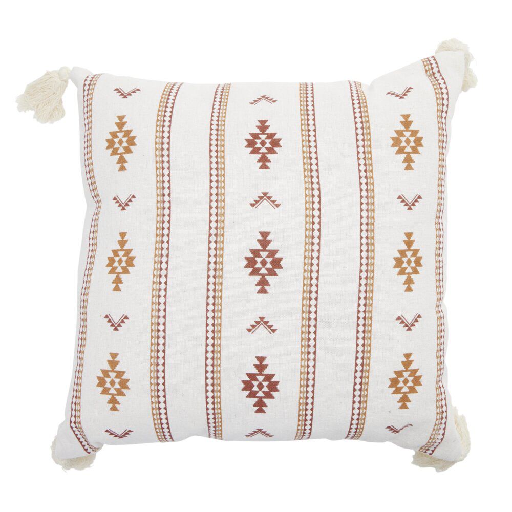 Coussin carré Indie blanc motif orange avec pompons 40x40cm