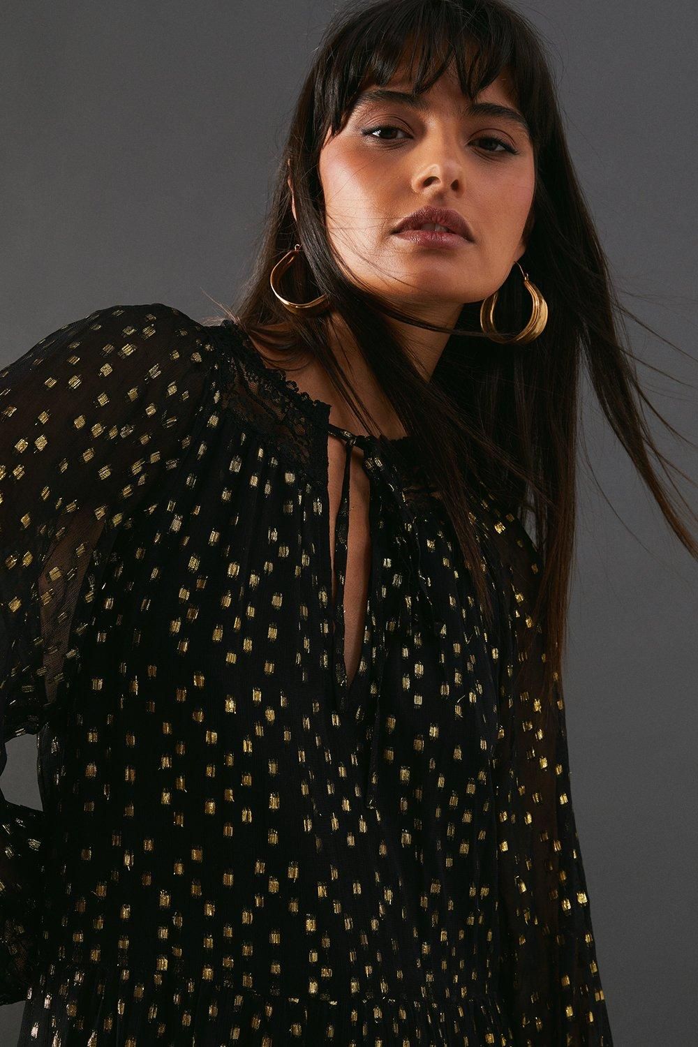 Warehouse Metallic Jacquard Dobby Lace Insert Midi Smock Dress