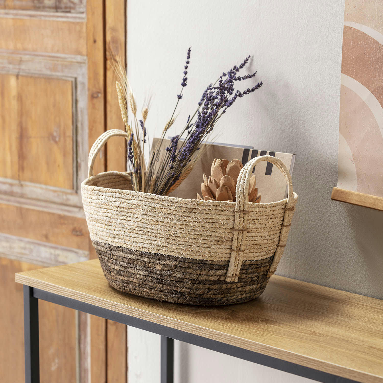 XIANA - Set de 3 paniers fibre naturelle, blanc/marron