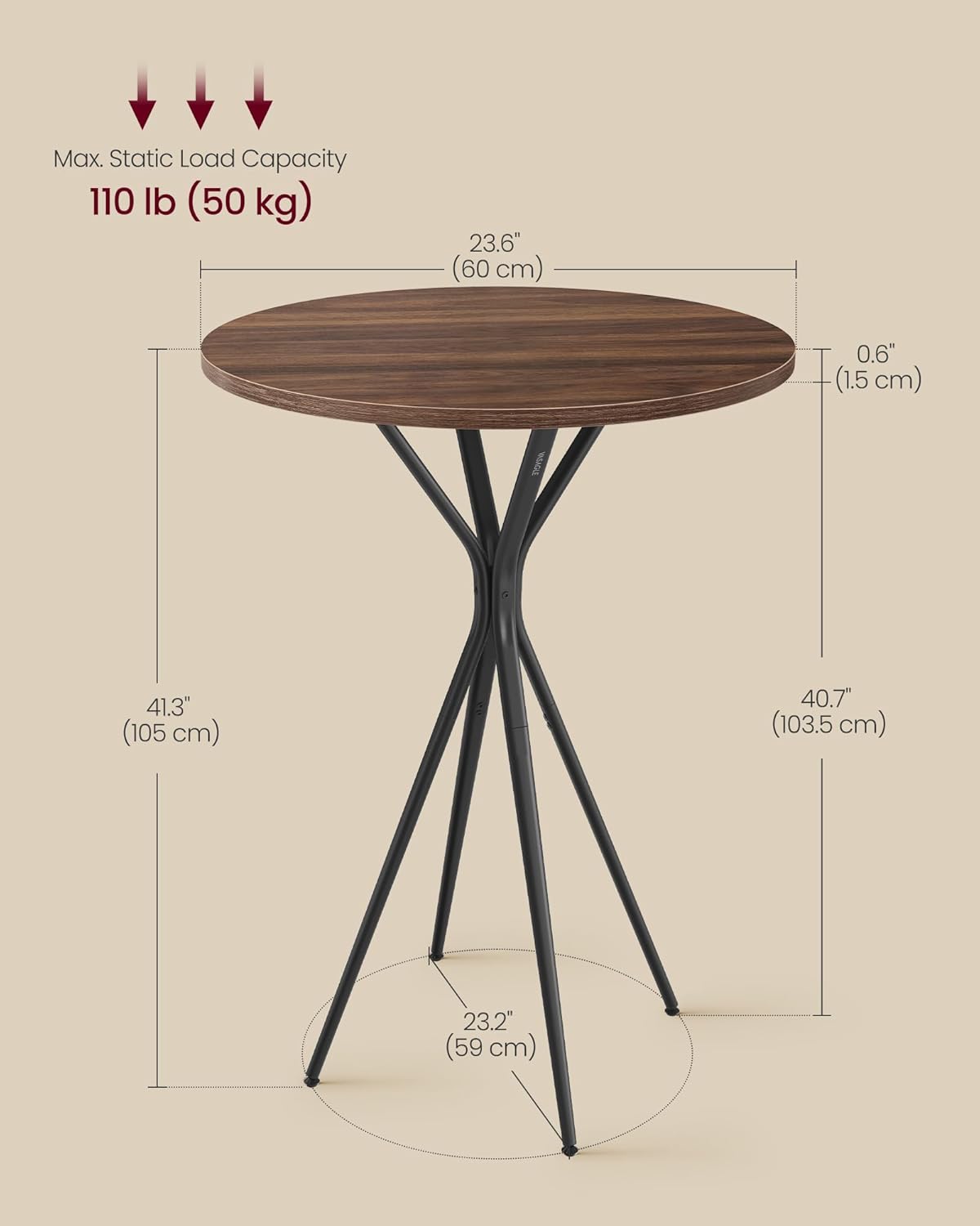 VASAGLE Bar Table, Round Cocktail High Top Pub Bistro Table for Events Party, Kitchen Dining, Home Bar, 23.6 x 23.6 x 41.3 Inches, Metal Frame, Modern Style, Easy to Assemble, Natural Walnut and Black