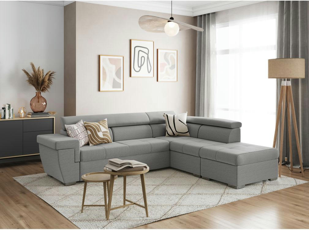 INAYA - Canapé d'angle droit 5 places convertible en tissu - Gris