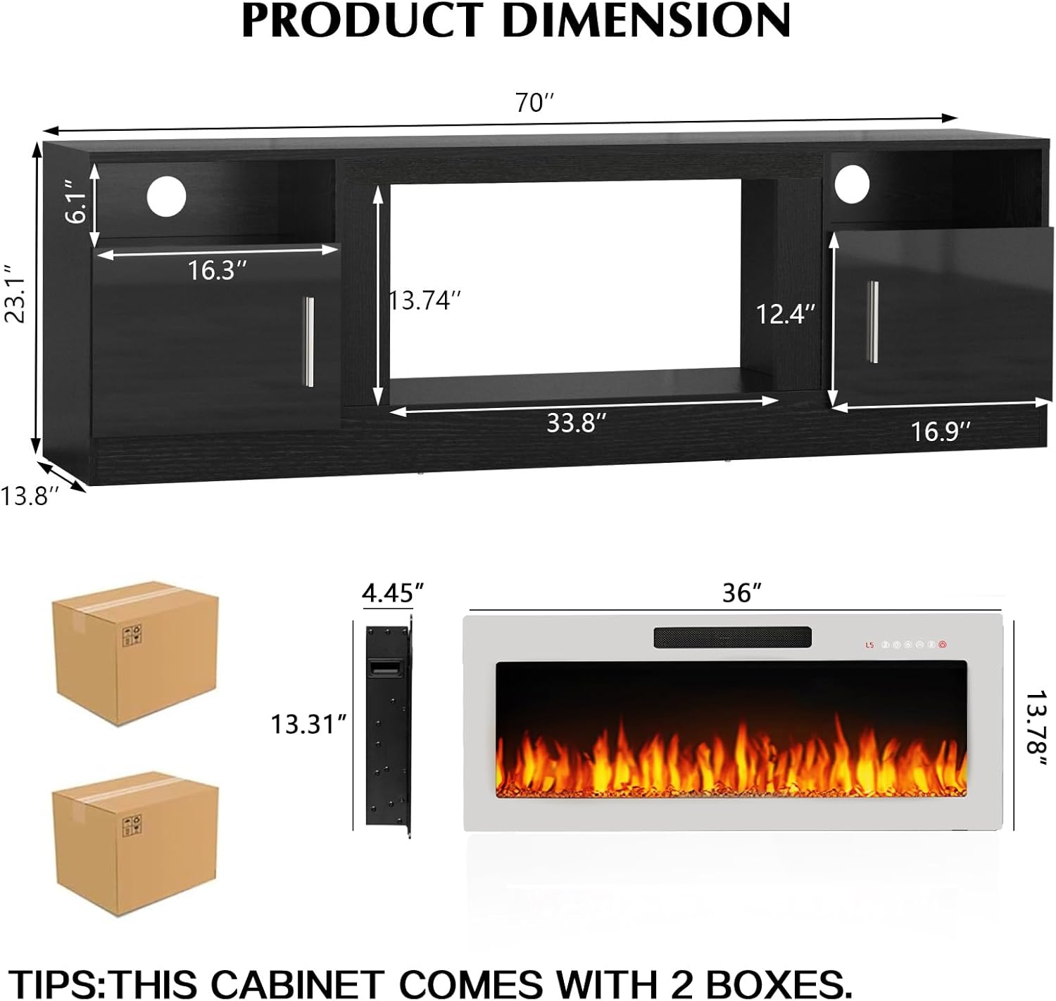Lemberi Fireplace tv Stand with 36 inch White Fireplace Up to 80 TVs,LED Light Entertainment Center and Storage, 70 Modern Wood Media TV Console with Highlight Cabinet for Living Room