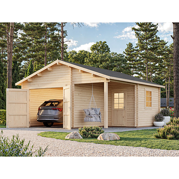 Garage Roger avec portes battantes en bois naturel ép.44mm et pergola Palmako 35,4 m²