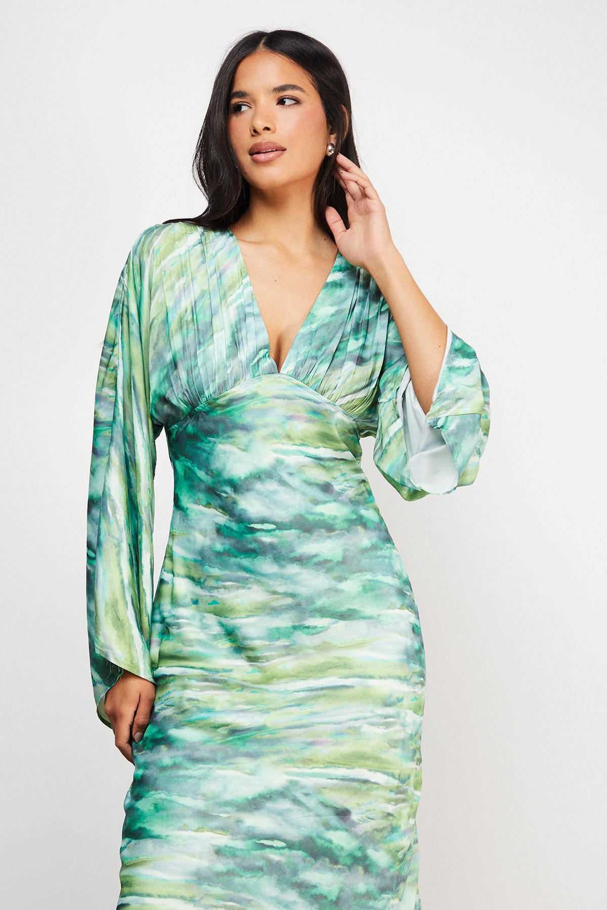 Warehouse Flare Sleeve Plunge Satin Midi Dress
