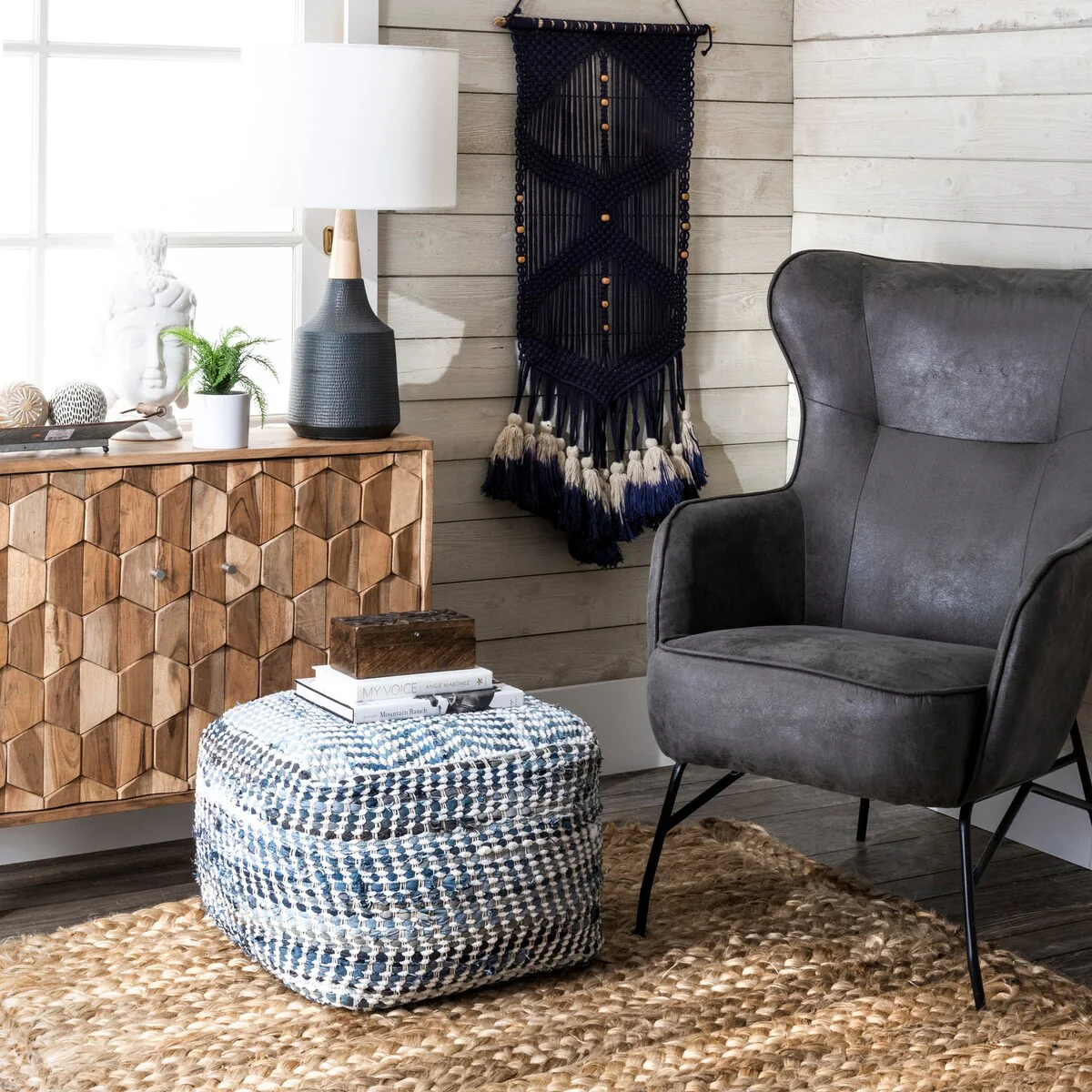 Nuloom Seville Handmade Denim Textured Ottoman Pouf