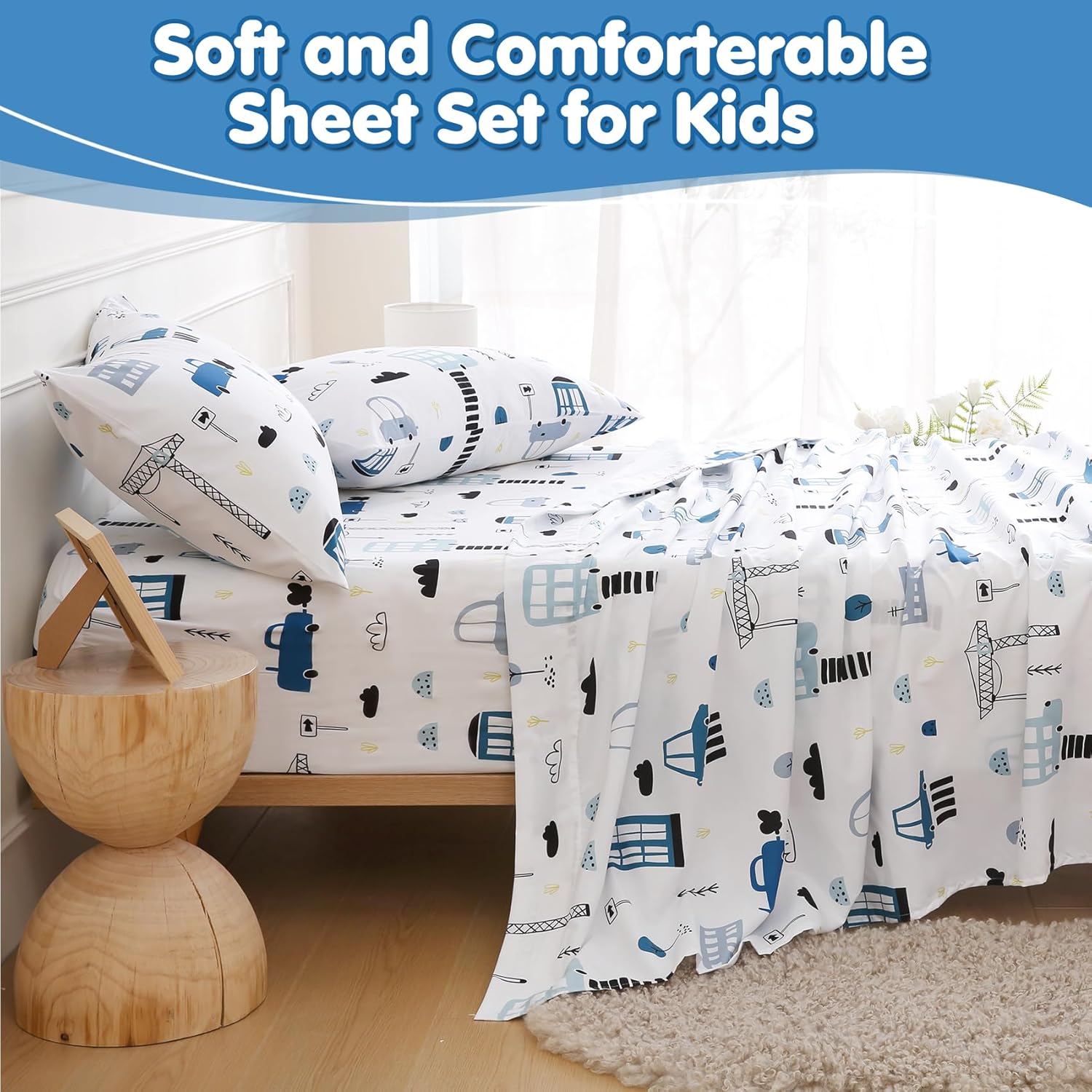 Twin Bed Sheets Boys Kids Construction Car Sheet Set 15-Inch Deep Pocket Fitted Sheet Soft Microfiber 3 Pieces Bedding Sets with Pillowcase Fade Resistant Children Room Decor