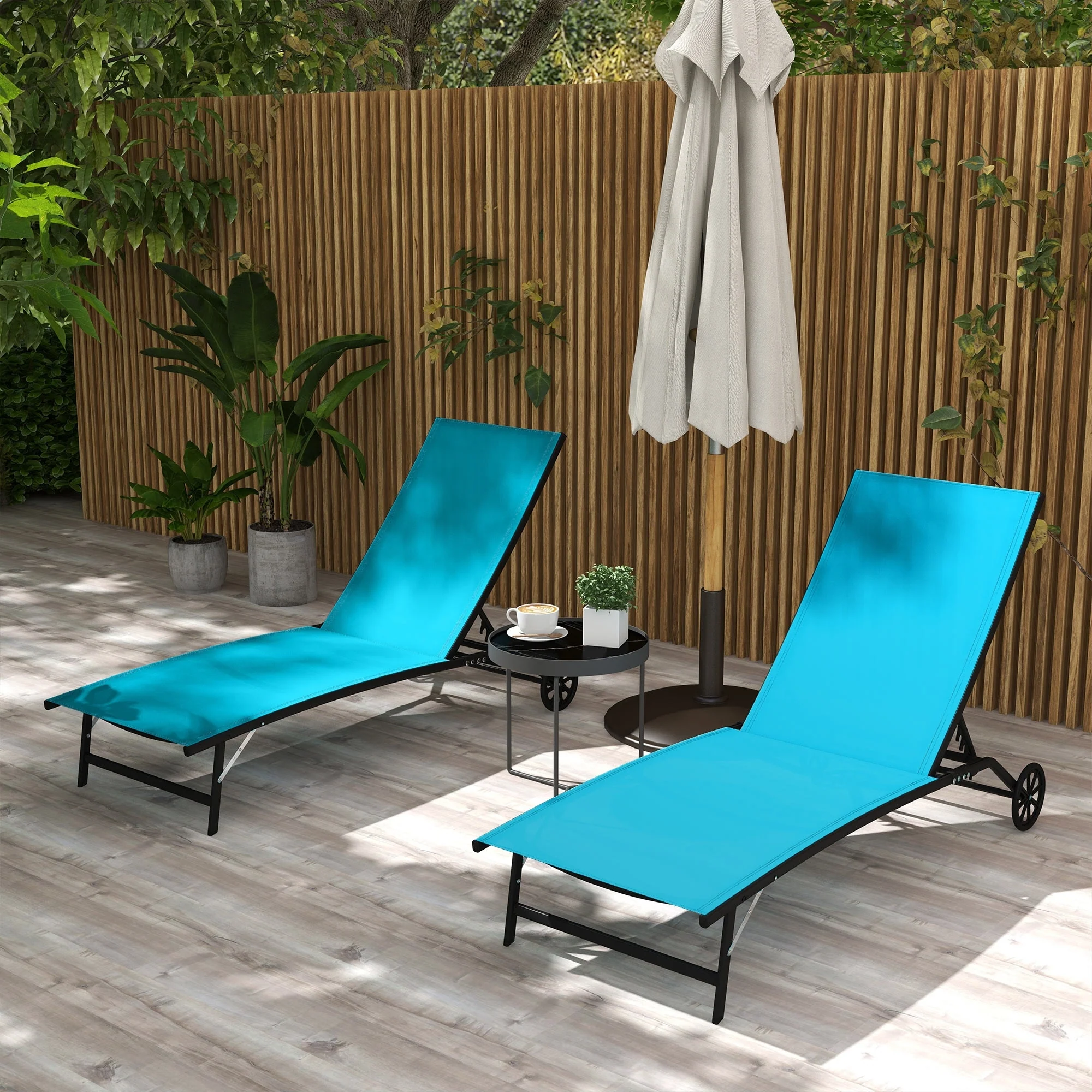 2-Piece Outdoor Adjustable Patio Chaise Loungers Tanning Chair with Wheels for Beach Yard Pool