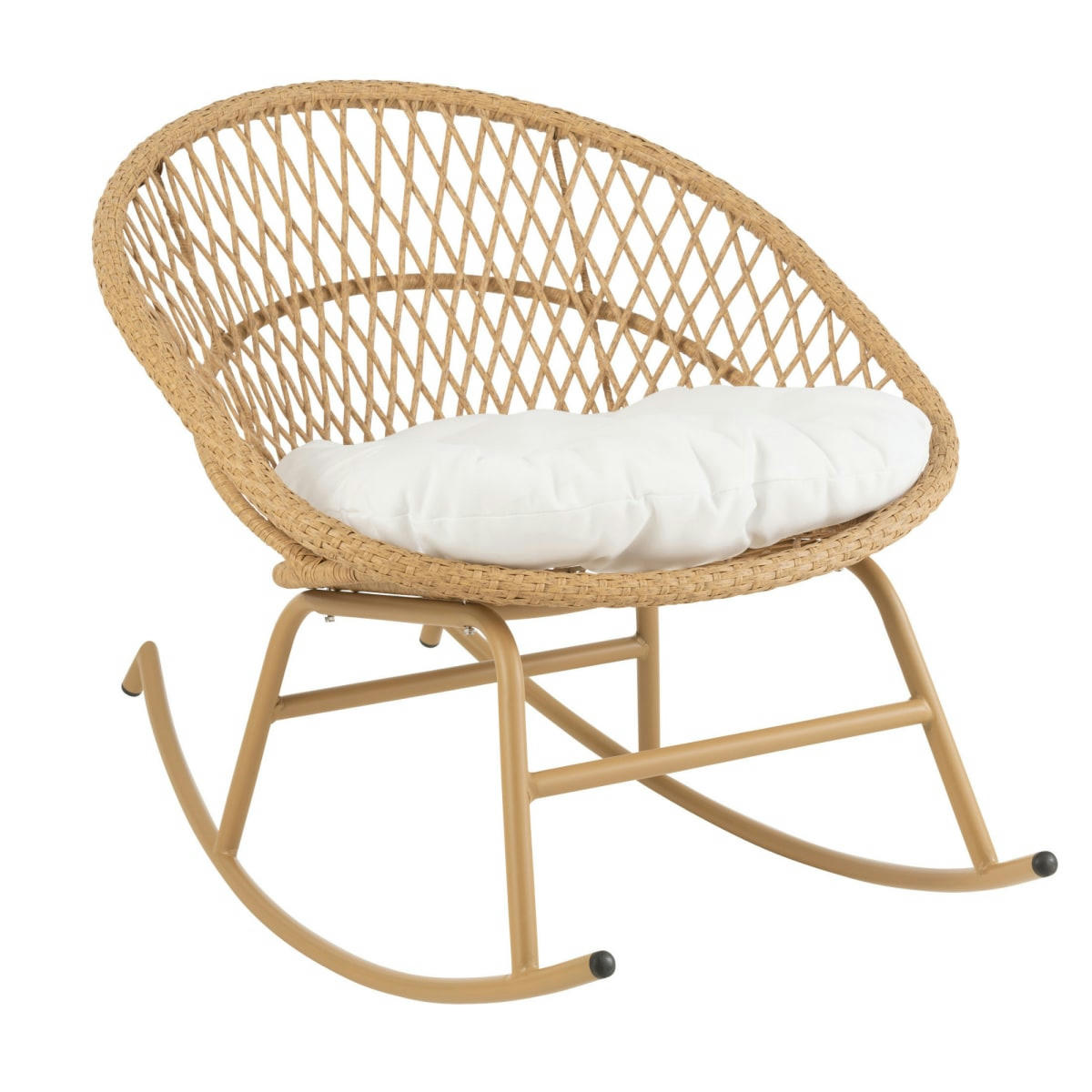 GARDY - Chaise de jardin à bascule effet rotin avec coussin blanc