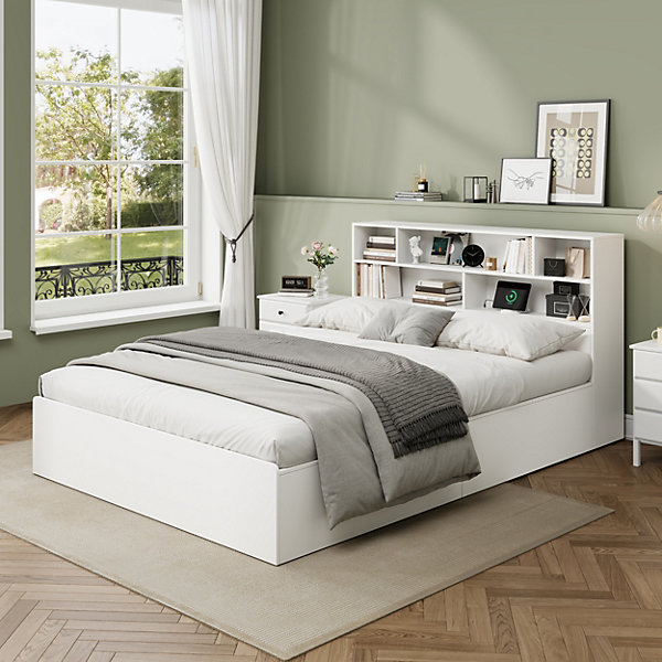 Lit double 140x200 cm en bois massif avec port USB tiroirs et espace de rangement sous le lit blanc sans matelas
