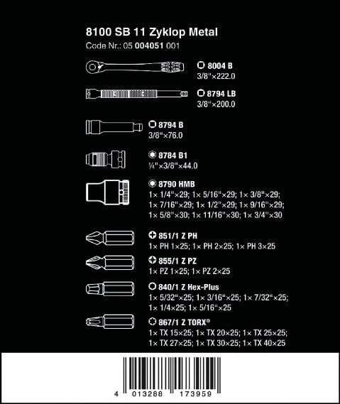 WERA 05004051001 8100 SB 11 Zyklop Imperial Metal Ratchet Set, 29 Piece, 3/8 Drive